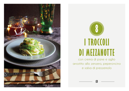 I troccoli di mezzanotte con crema di pane e aglio arrostito allo zenzero, peperoncino e salsa di prezzemolo