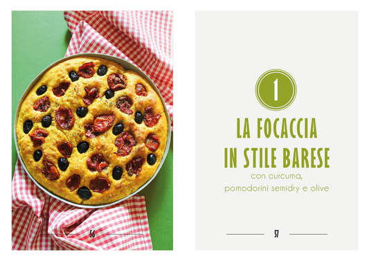 Focaccia in stile barese con curcuma, pomodorini semidry e olive